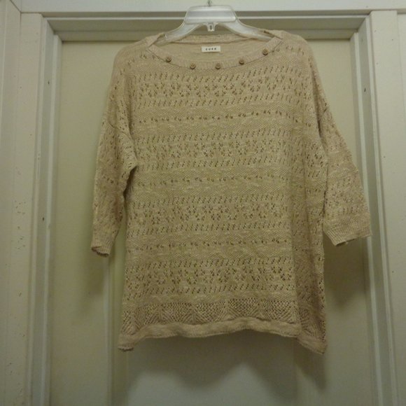 GREEK VACATION STY BEIGE MACHINE OPEN CROCHET DESIGNS W TINY BUTTONS ON NECK B… - Picture 6 of 7